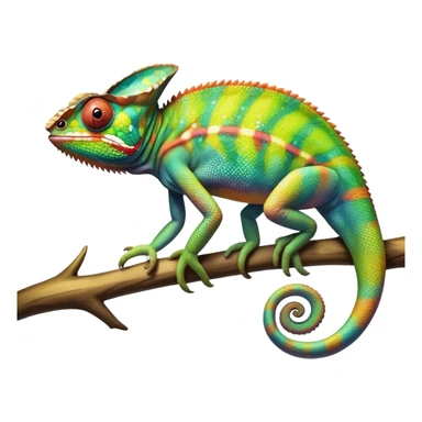 Giant Chameleon blending into natural surroundings, perched on a branch. Its vibrant colors shift with the environment. Lush greenery, branches, and soft sunlight create a peaceful, nature-filled background. Transparent background, showcasing the chameleon's colorful, textured skin. sticker