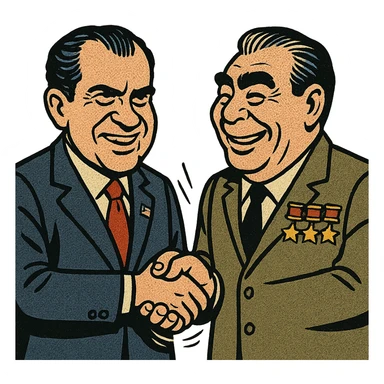 US President Nixon wearing a suit with a large US flag badge standing very close to and shaking hands with Soviet leader Brezhnev who is wearing a suit with soviet war medals on his chest. Both men are happy. sticker
