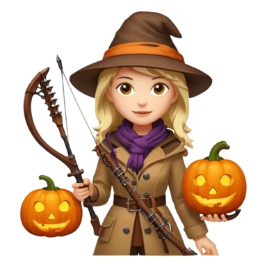 female human monster hunter emoji, wearing brown coat and hat, holding crossbow, soft smile, scarf, glowing pumpkin by her side, Halloween fantasy style, clean vector Apple emoji look, bright colors, white background, square sticker