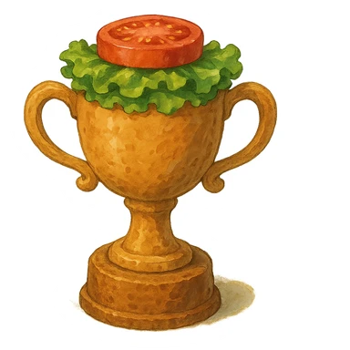 trophy made of bread, lettuce, tomato sticker