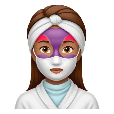 a woman with brown hair wearing a white towel and a skin care mask on her face sticker