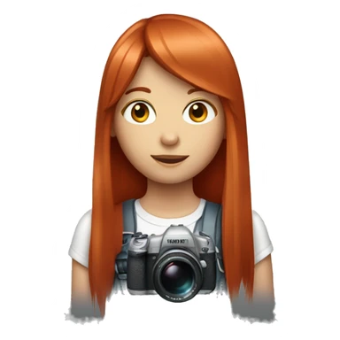 girl with long, straight red hair and fringe with camera sticker