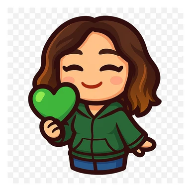 Create a chibi emote of the woman from the reference images, wearing a green hoodie and jeans, holding a green love heart, no headband, no sparkles, no wand, transparent background in sticker style sticker