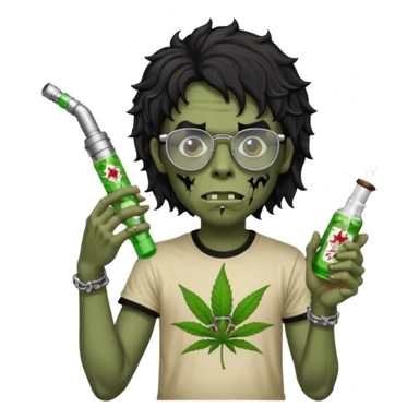 black wavy haired zombie getting stoned with weed t shirt and bong on his hand and wearing chrome hearts glasses sticker