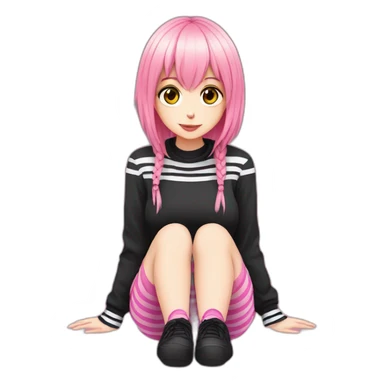 full body Front view emo girl sits on the floor black skirt pink knickers long striped socks sticker
