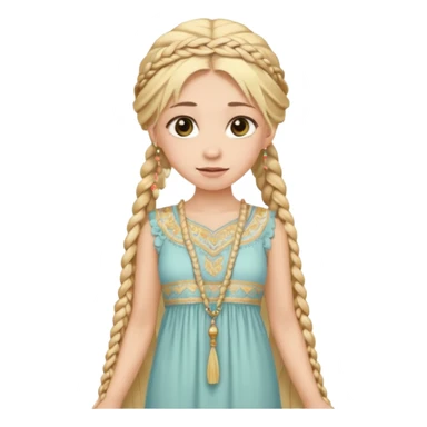 
mujer, Joven, de aspecto dulce y elegante.
Piel clara, ojos grandes y expresivos, sonrisa triste.
Rubio o castaño claro, largo, con trenzas o velo.
Vestido largo hasta los pies de tonos suaves (blanco, azul o lavanda), con bordados dorados; toca fina cubriendo la cabeza. sticker