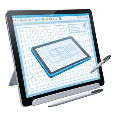 Create an emoji for 3D visualization and modeling. Show a large graphic tablet with a stylus drawing in a 3D modeling program, displaying a wireframe model that pops out from the screen. Use modern, professional colors. Do not include any emojis or smiley faces. Make the background transparent. sticker
