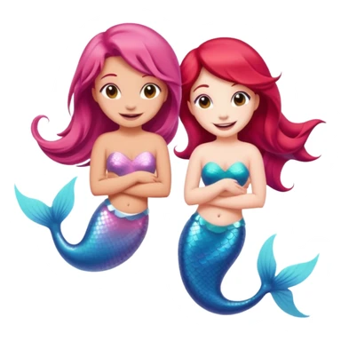 Cute iOS-style emoji of a pastel pink dolphin and a red-haired mermaid, smiling at each other. 
Simple vector emoji design, bold outlines, soft gradients, glossy look, centered, white background. sticker