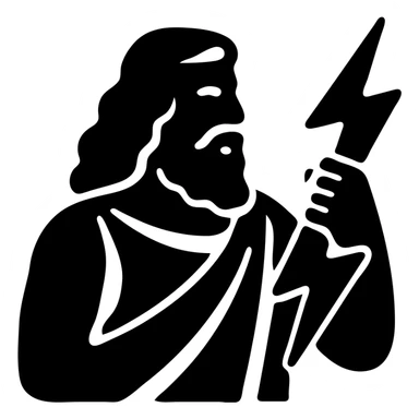 A detailed illustration of Zeus, the Greek god, with his beard, long curly hair, and regal attire, holding a lightning bolt sticker