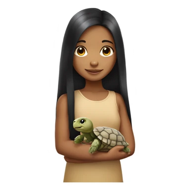 Little girl with long black hair and light tan skin holding a tortoise sticker
