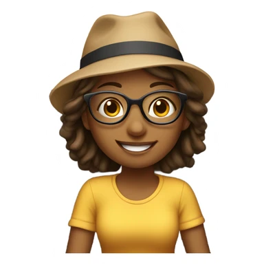 smiling girl on couch indoors with glasses and hat sticker