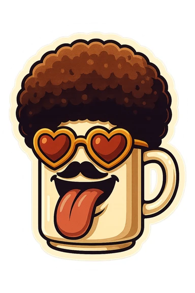 Tall coffee cupp, afro, heart glasses, big heart eyes, tounge rolled out sticker