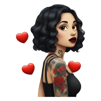 Pale black haired girl with black tattoos on body wearing red lipstick  sticker