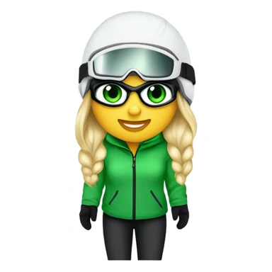 Green-eyed, fat female skier with medium-length straight blonde hair not plaited, snow goggles on helmet, white ski helmet, gray snow jacket, green ski gloves, long black pants rolled up at the bottom, black only snow boots standing tall. sticker