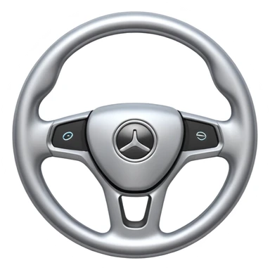 A futuristic steering wheel emoji made of silver chrome, minimal geometric design, smooth metallic surface, soft reflections, iOS emoji style, centered, clean white background sticker