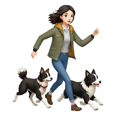 A beautiful tall girl with fair skin wearing a jacket chasing a Border Collie sticker