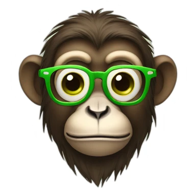 Monkey with glasses and green eyes having an apple sticker