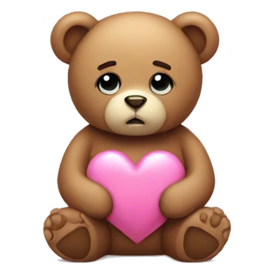 Teddy bear with sad eyes holding a pink heart sticker