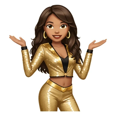 Tenitra Michelle Williams, R&B Singer from Destiny's Child with long dark brown hair, gold sequin outfit, medium dark skin sticker