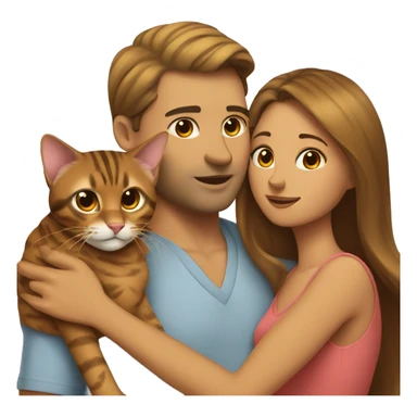 A man hugs a long brown-haired skinny hot woman and a bengal cat sticker