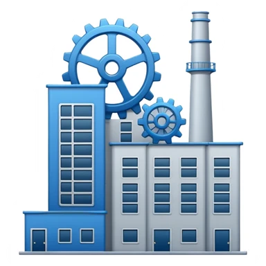 "A minimalist vector icon of a modern manufacturing factory building with a gear symbol above it. Blue and grey color scheme, flat design, white background, simple thick lines, professional business logo style." sticker