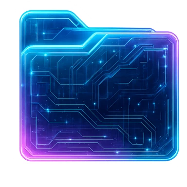 Transform the Windows folder icon into a cyberpunk-style folder with glowing neon edges, holographic effects, and futuristic details, as if displayed on a sci-fi hologram PC. Maintain a transparent background to emphasize the holographic and neon glow effects. sticker