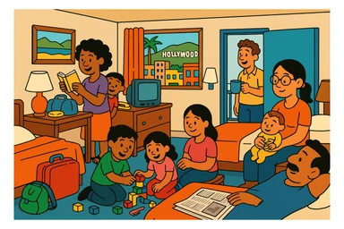 two families living together in a cheap motel room in Hollywood, Los Angeles, California, highly detailed colorful cartoon style sticker
