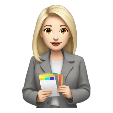 pale skin woman with cold blonde straight middle length hair, care haircut, White blouse, Gray oversize jacket, Gray skirt holding a color palette in the hands sticker