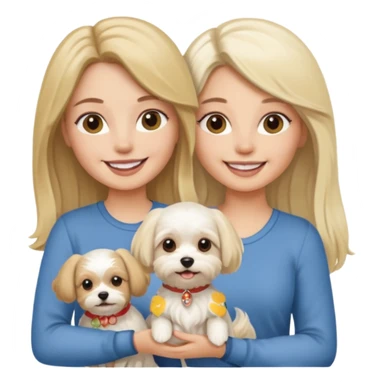 two women are holding only one Maltese dog. one woman is brunette the other woman is blonde long haired  sticker