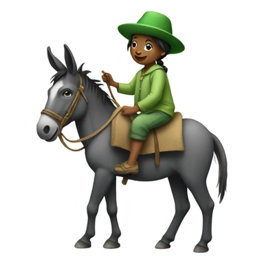 Little person riding a donkey with a green hat sticker