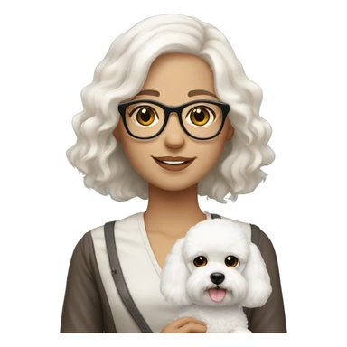 Girl medium length white hair, hazel eyes and glasses holding whit Bichon with tan ears sticker