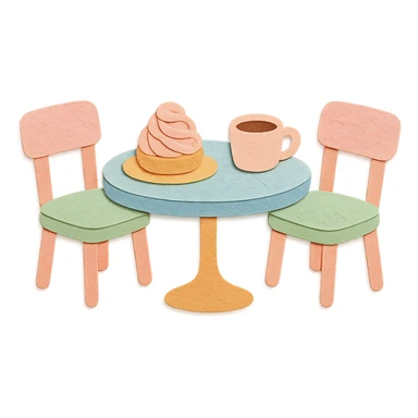 kawaii coffee shop table and chairs set with dessert and coffee, soft pastel hand-drawn illustration sticker