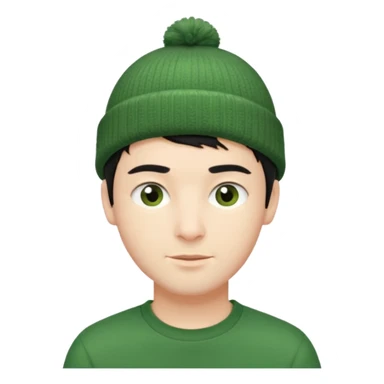 French guy with short black hair wearing a green beanie sticker