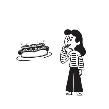 notion style hand drawn doodle of a Chilean person happily eating a completo hot dog sticker