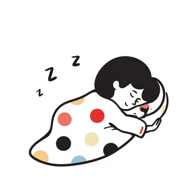 A cute curled-up sleeping person under a colorful blanket with peaceful smile and soft Z's floating. Cozy feeling with gentle pastel colors. Hand-drawn doodle style. sticker