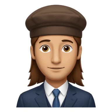 Man with a long nose wearing a suit and kippah, he has long brown hair with a payot sticker