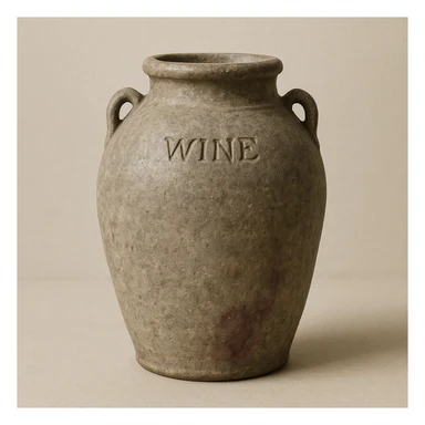 a stoneware wine jar, slightly weathered, with a faint wine stain, minimal background sticker