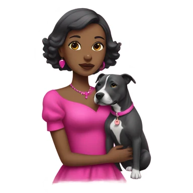Black lady with black hair wearing hot pink dress hugging all grey pitbull with pink collar sticker