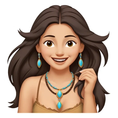 Cinematic Adorable Pocahontas Portrait Emoji, Laughing softly as Meeko tugs at her necklace, hair tousled in the wind, eyes full of warmth, a carefree spirit shining through, capturing the essence of beauty and playfulness! sticker