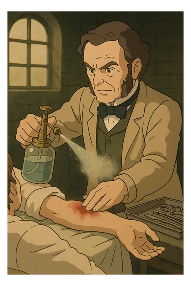 Joseph Lister, a surgeon from the late 1800s using a carbolic water spray during on operation on a patient's arm.. The water spray is being aimed at the open wound on the patient's arm.  There is a tray of operating tools to the side. sticker