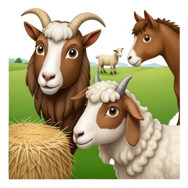 Icon for Domestic Hooved Animals: A gentle collage featuring a brown goat with large, curious eyes, a calm sheep with soft wool, and a majestic horse with a flowing mane. Background with a green pasture and a few hay bales. Transparent background. sticker