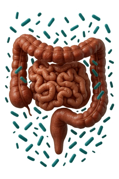 intestino umano anatomico realistico con batteri intestinali turchesi che fluttuano intorno, IPERREALISTICA 4K sticker