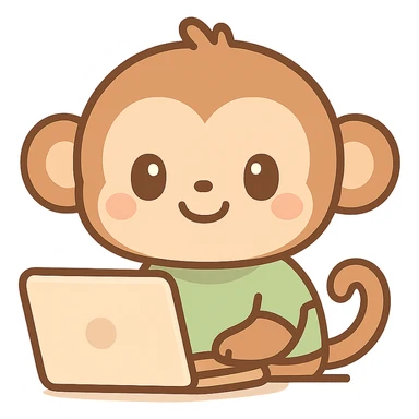 cute cartoon monkey using a laptop, smiling, wearing a green shirt sticker
