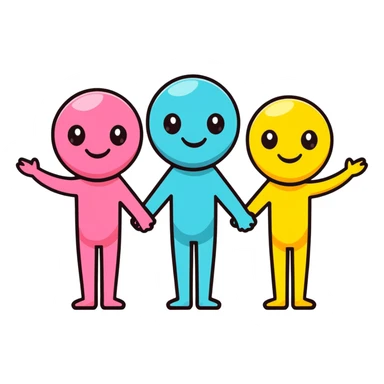 Three smiling characters standing together with complementary personality traits symbolized by different colored auras that blend harmoniously sticker