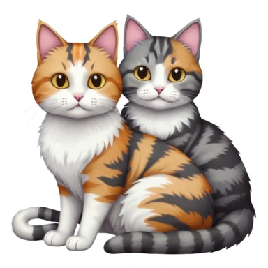 full body colourful light patched calico + white tabby cat cuddling a bigger cat that is dark grey and white tabby cat  sticker