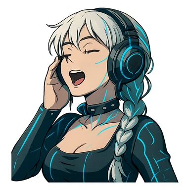 she is listening to music in headphones and JAMMIN!, a closeup portrait of young woman with gold yellow eyes, white hair, long braid, black off-shoulder top d-cup, punk gothic style, futuristic cyberwave cyberpunk,  eyes closed, singing, one hand on the headset sticker