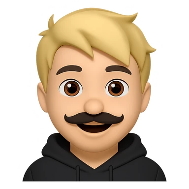 Add a black hoodie to the Asian man with a small mustache and short messy blond hair in emoji style. Preserve the transparent background. The man is smiling. sticker