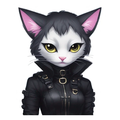 Gorgeous furry gothic dark techwear anime style anthro black cat furry with blushing face aesthetic and pretty edgy black with collar and harness trending style sticker