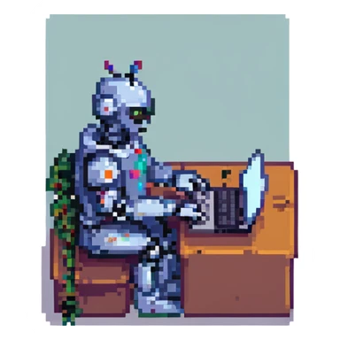 robot working on a laptop, pixel art style sticker