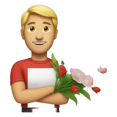 white man have red teeshirt and have a flowers sticker